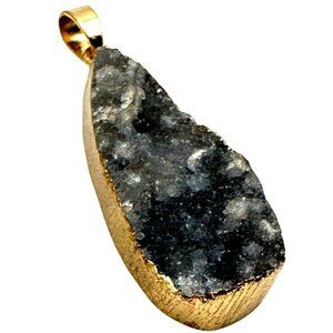 Natural Black Druzy Gemstone Pendant 10k Gold Trim Earthy
